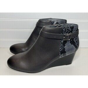 Vionic Wedge Booties Womens 11Gray Elevated Shasta Leather Snake Print Zip Shoes